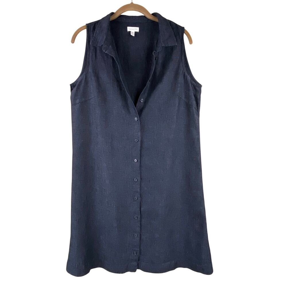 Garnet Hill 100% Linen Sleeveless Dress Size 8 Indigo Blue Button Front